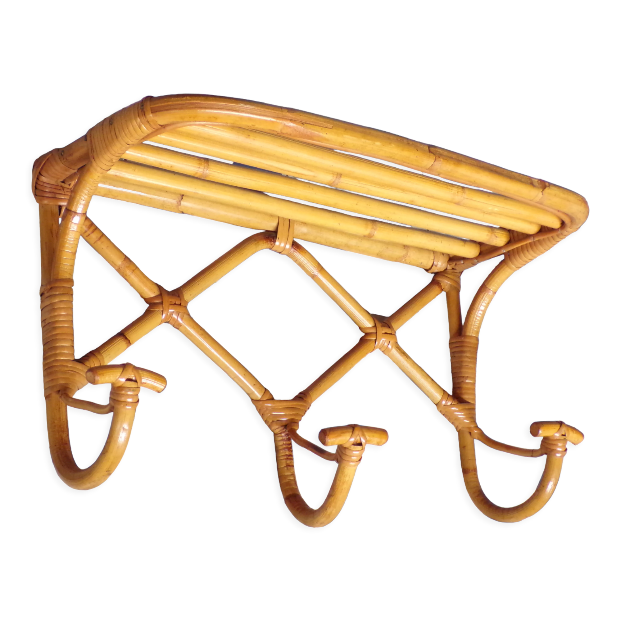Vintage rattan coat rack with shelf
