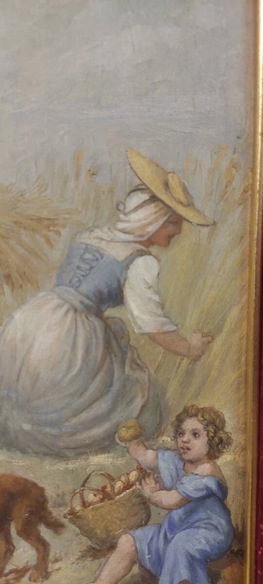 Antique 19th century wood panel, signed oil painting, popular scene