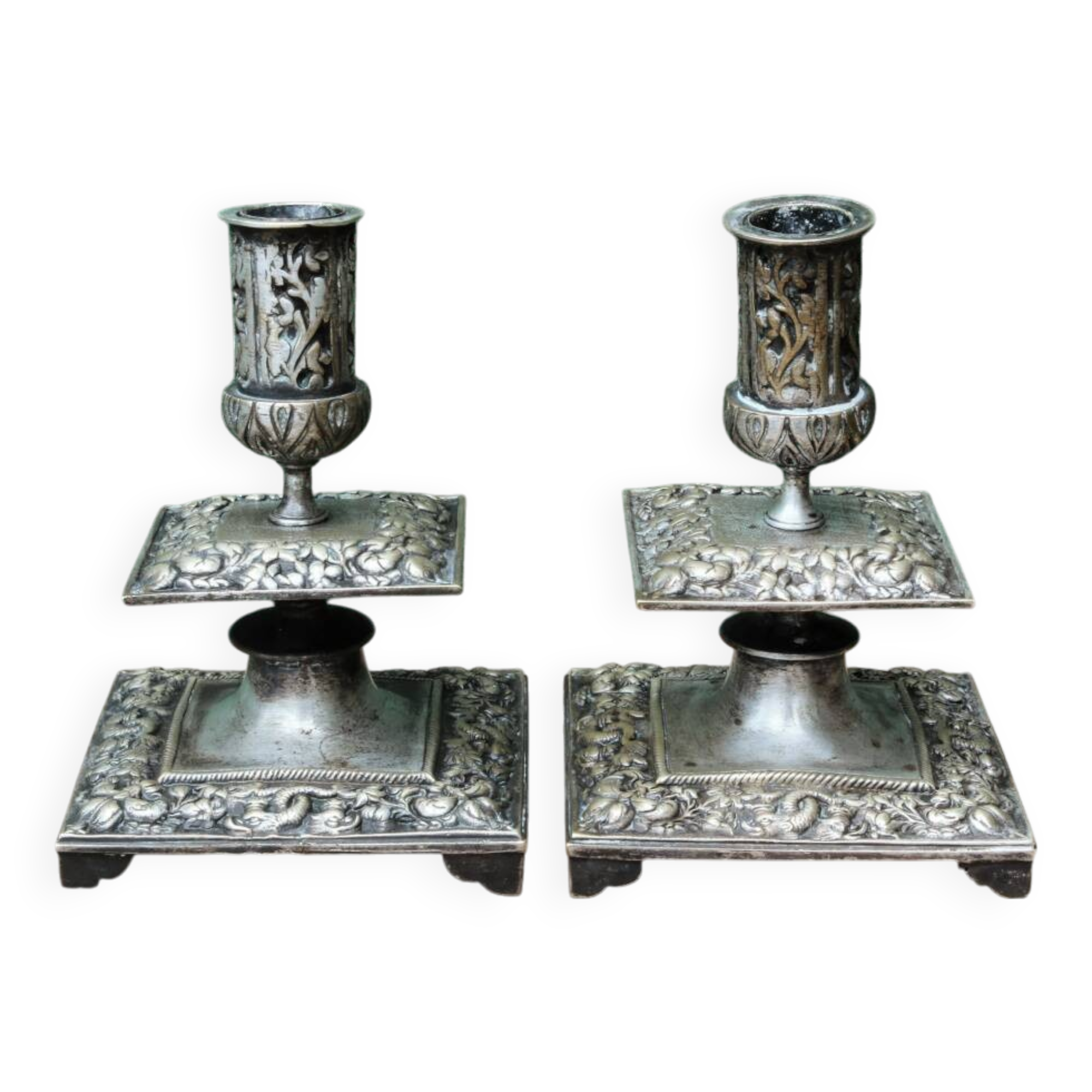 Pair of square candlesticks in patinated bronze