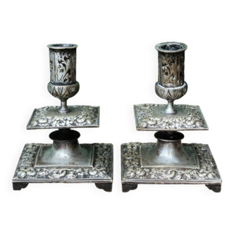 Pair of square candlesticks in patinated bronze