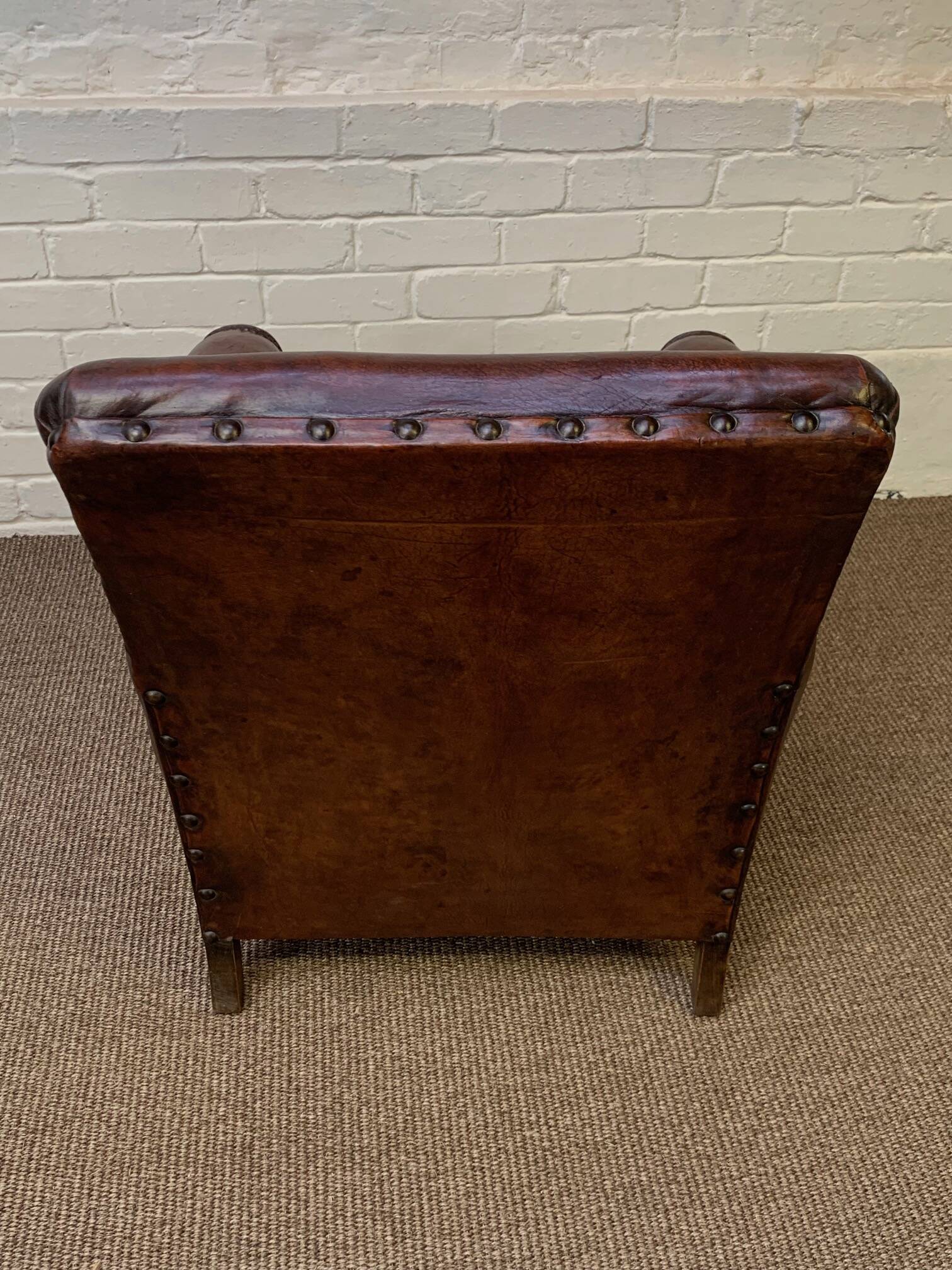 Antique Leather Club Chair, Normandy Model, Circa 1920's