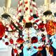 Antique chandelier with red crystal pendants, 9 lights.
