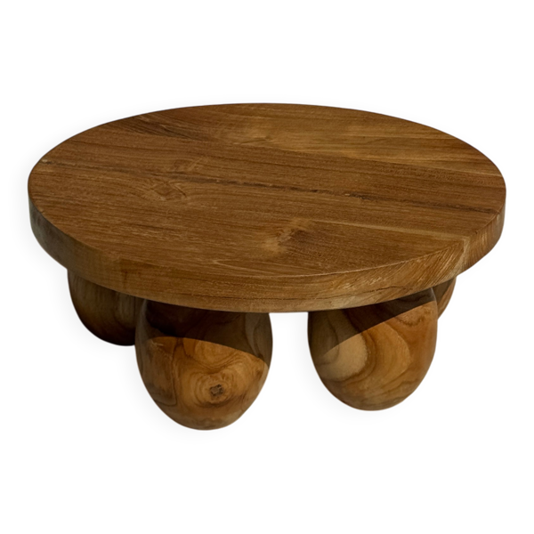 Mini tabouret minimaliste pieds boule en teck H15 D35