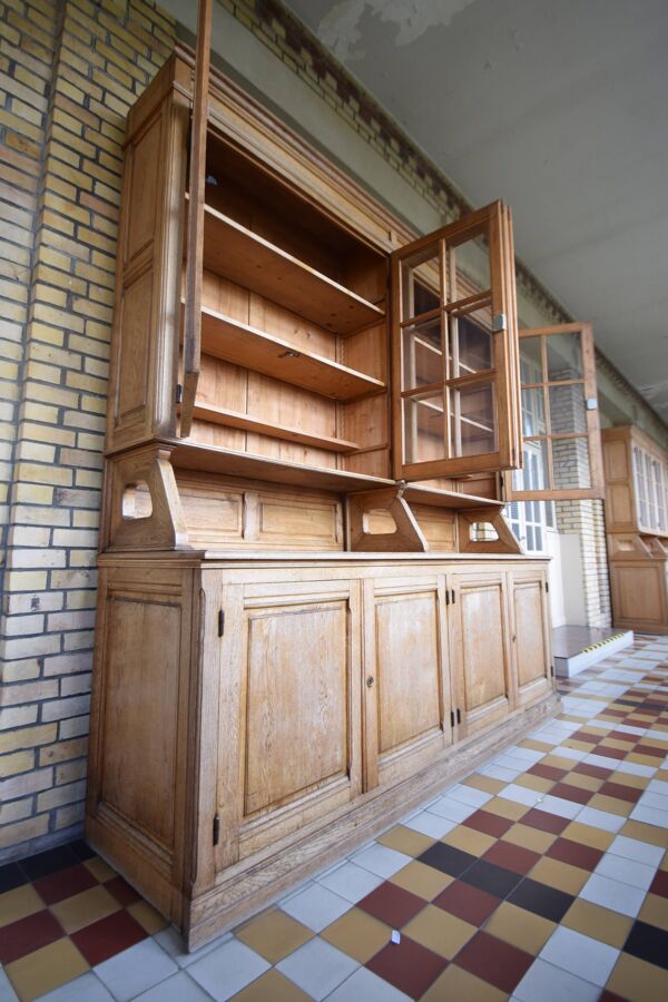 Bibliothèque vitrée d'école de médecine en chêne massif 1950'