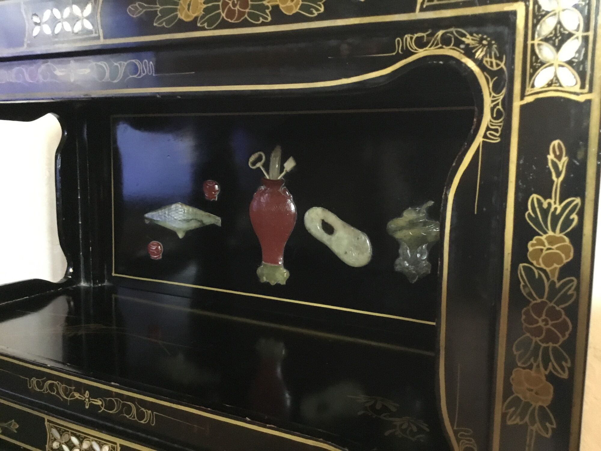 Asian laque furniture embossed motifs mother-of-pearl, stone and other