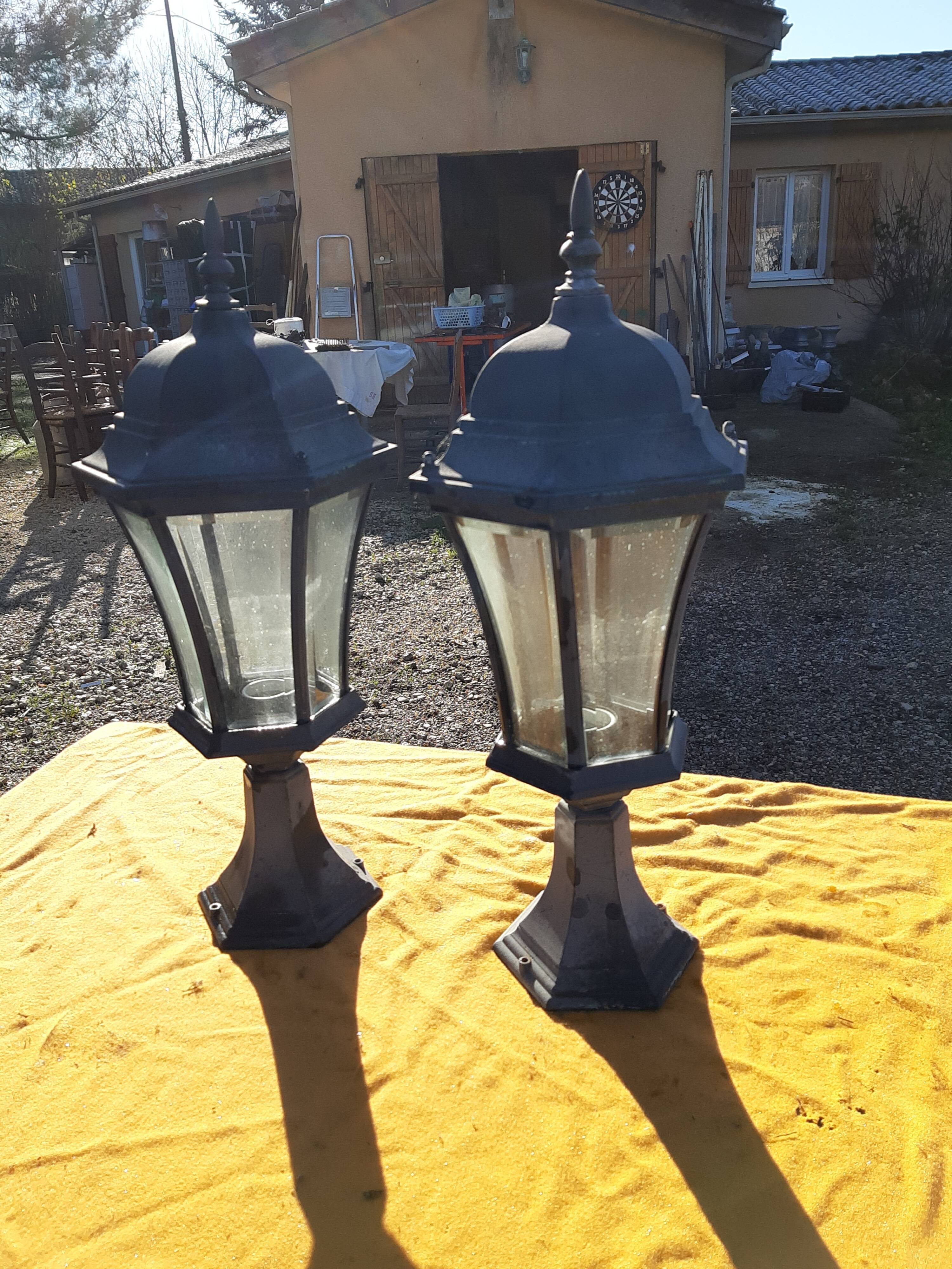 Pair of Outdoor Lamps in Tole and Glass