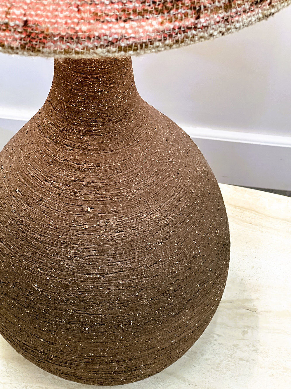 Vintage XL ceramic floor lamp with textured wool shade, 1970s. France