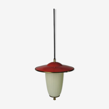 White and Red Glass Metal Pendant Lamp with Brass, 1950s