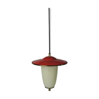 White and Red Glass Metal Pendant Lamp with Brass, 1950s