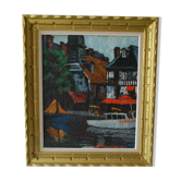 Painting view of the small port of honfleur normandy hst signed h. saurat