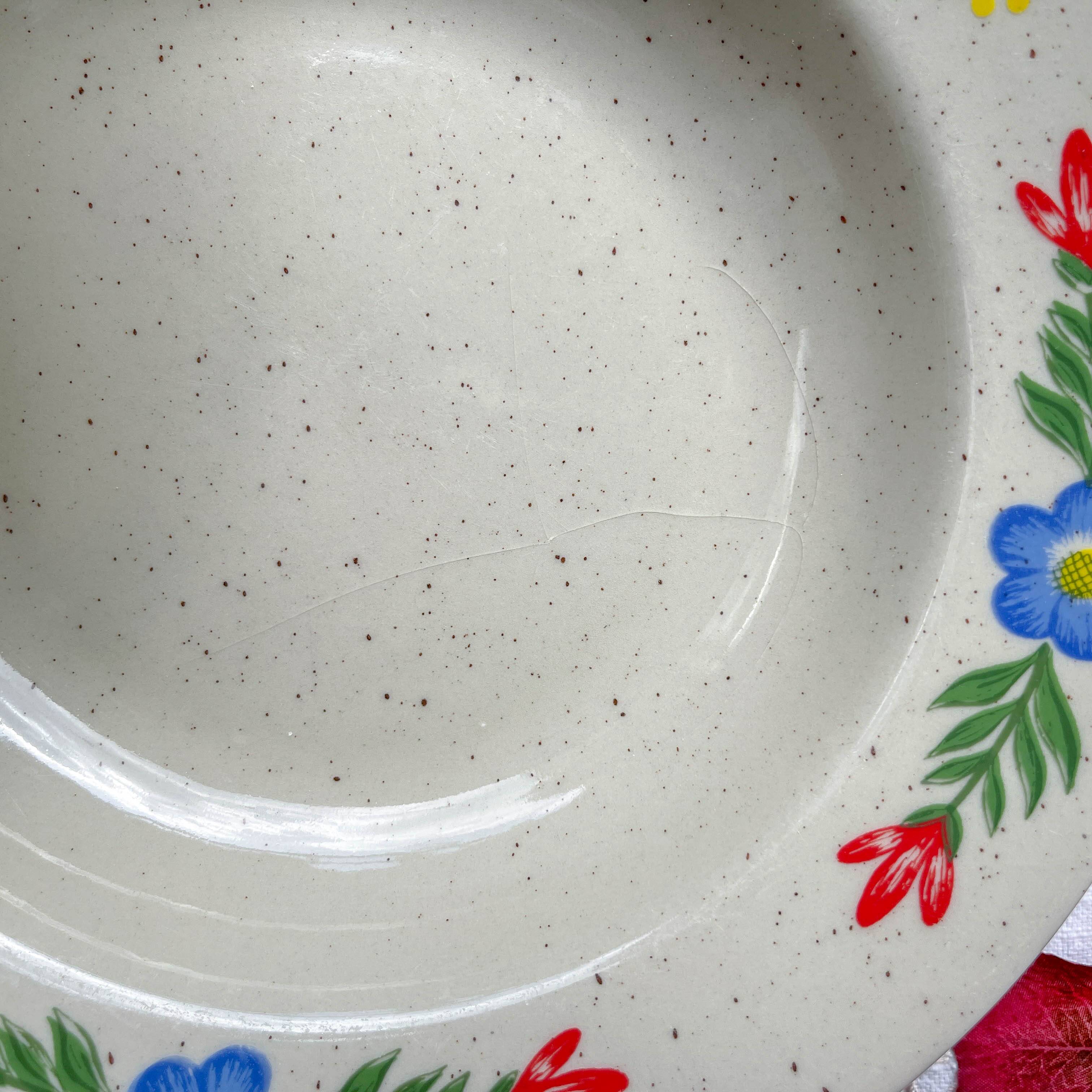 5 soup plates in speckled beige stoneware with floral pattern Tulowice Poland 1970