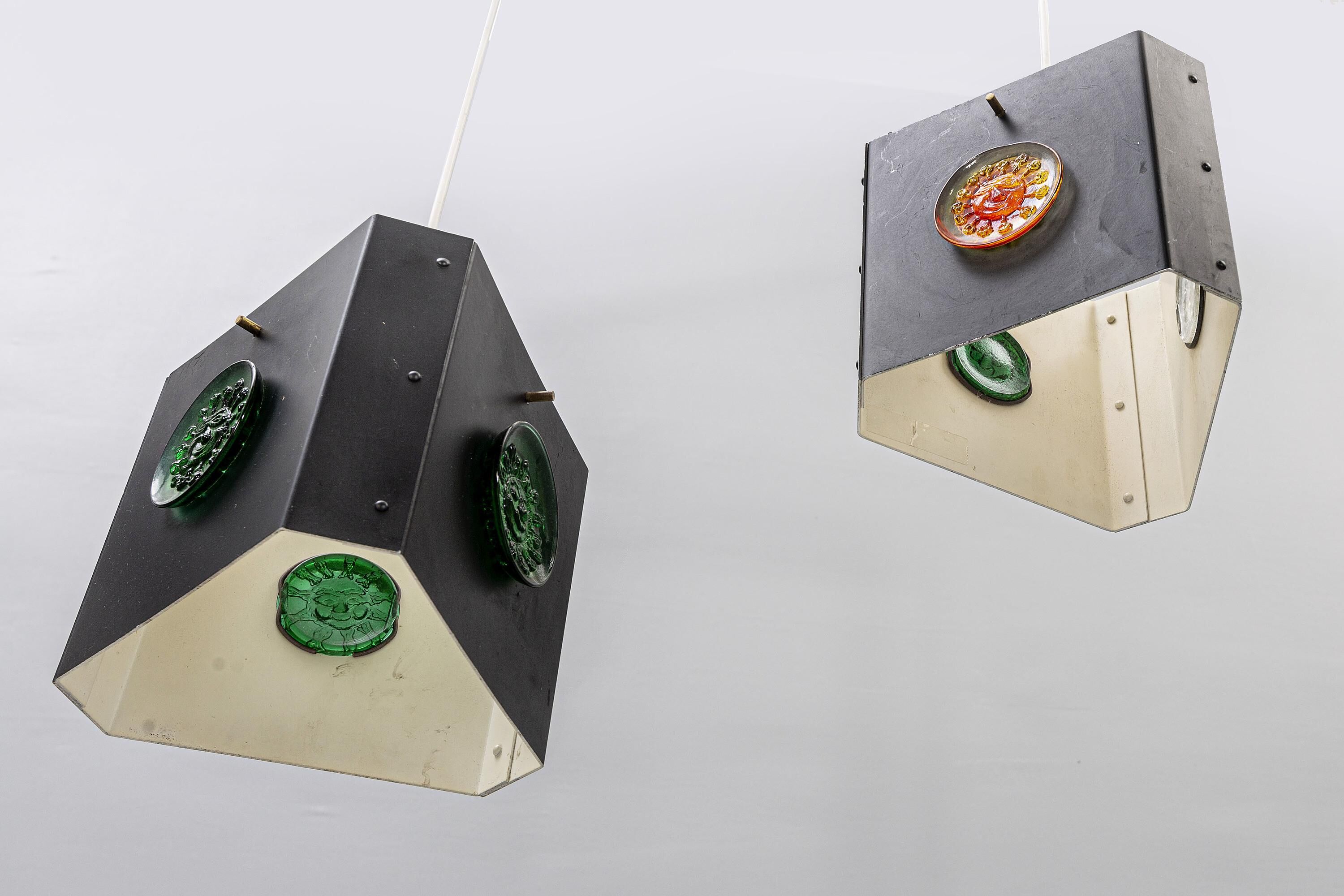 Pair of triangular pendant lamps by Hans Bergstrom, Sweden, 1950.