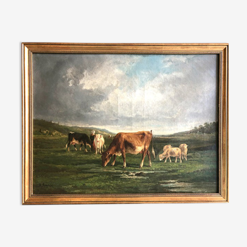 Vaches au pré huile sur toile XIXe A. Cortaix