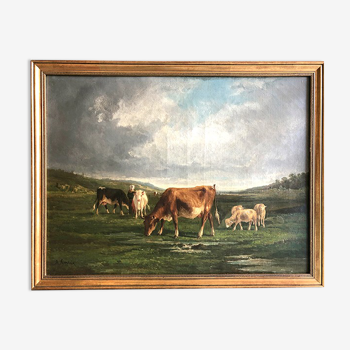 A. Cortaix, Vaches au pré, oil on canvas XIX