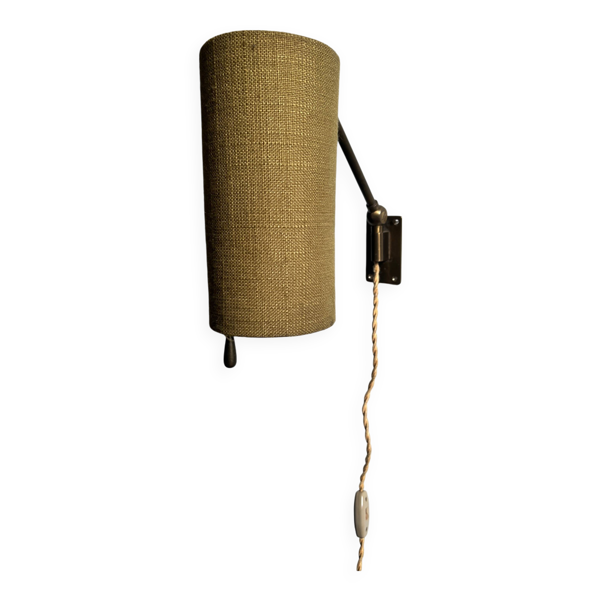 Wall sconce, brass bracket and khaki lampshade, France 1950