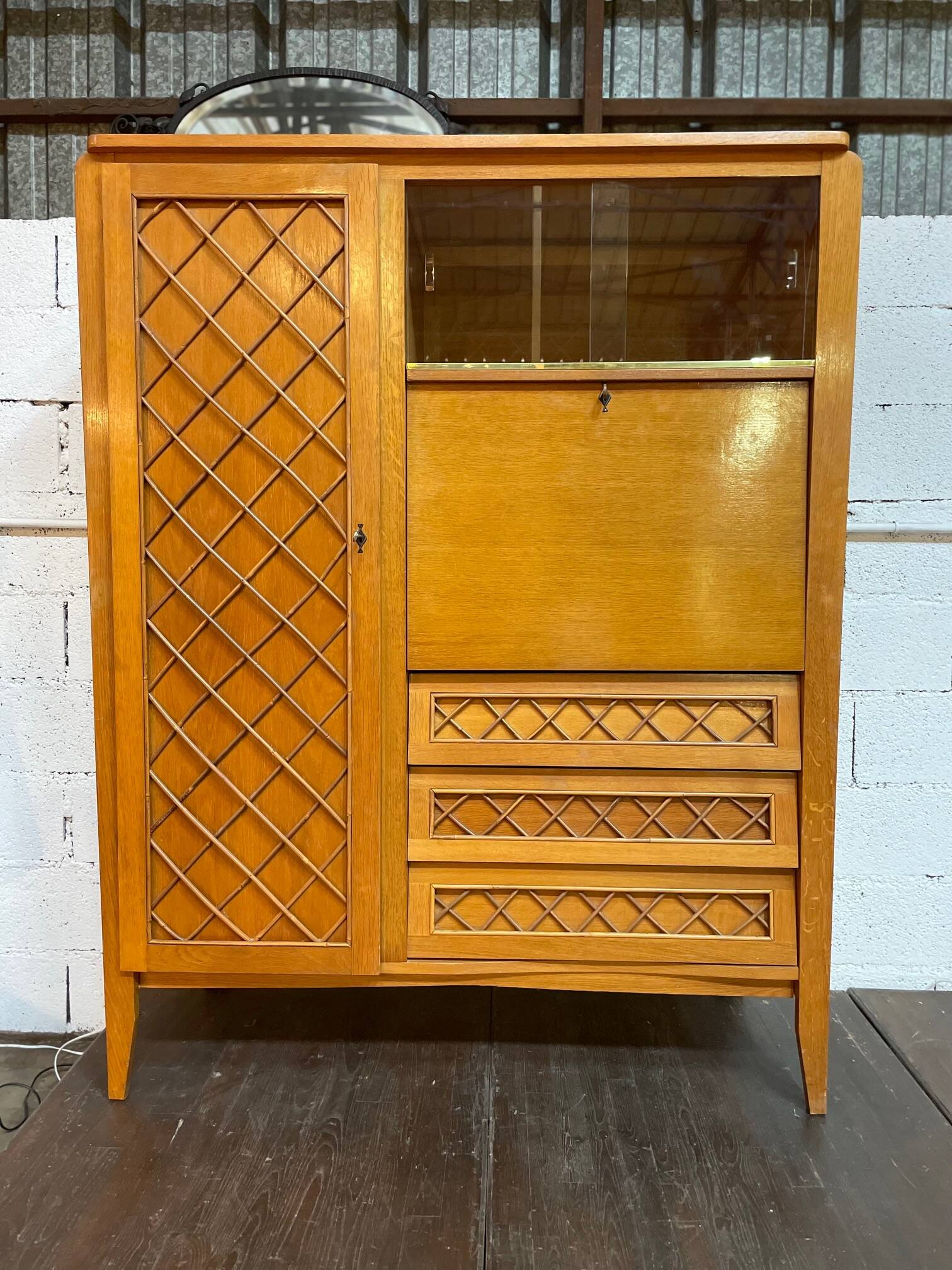 Armoire, secrétaire, commode en bois et rotin, années 60