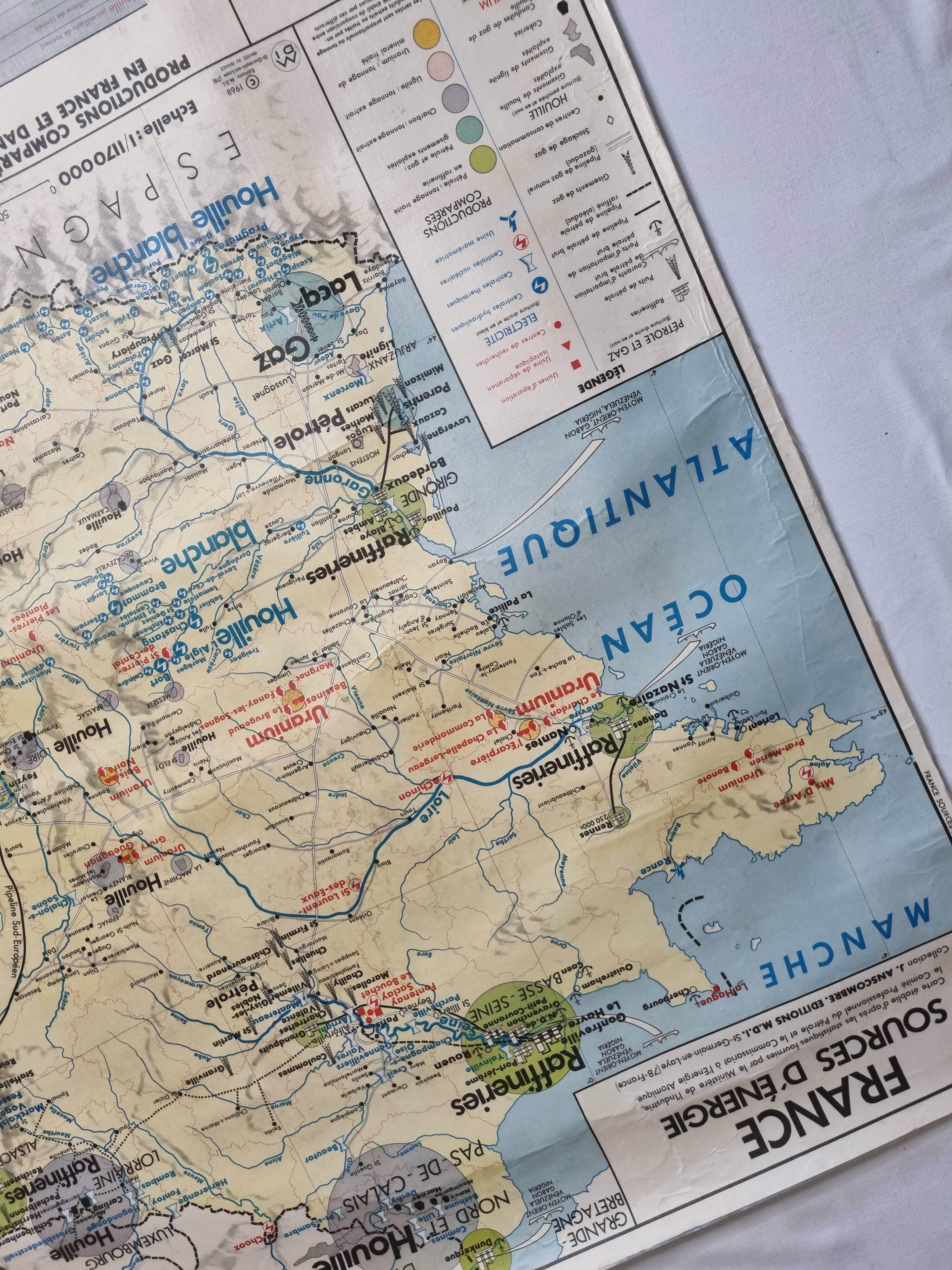 Carte de France pédagogique réversible, MDI, 1968, "Industries métallurgiques", "Sources d'énergie"