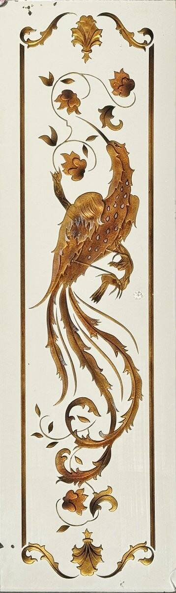 Brasserie mirror in glass with eglomisé decoration "The Paradise Birds"