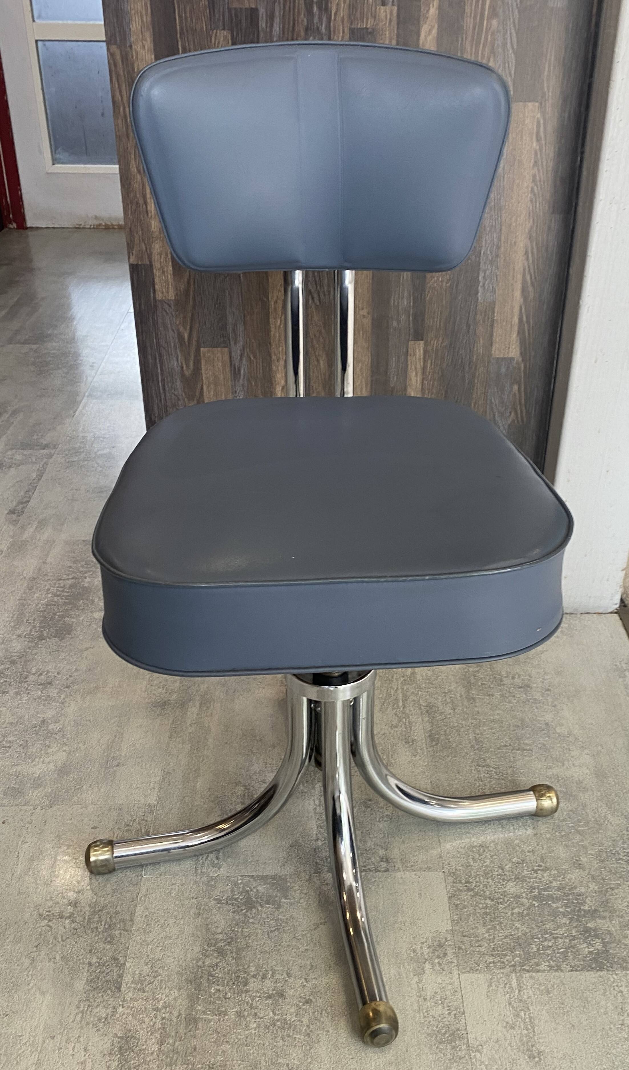 Swivel office chair in Roneo style, grey faux leather with vintage chrome.