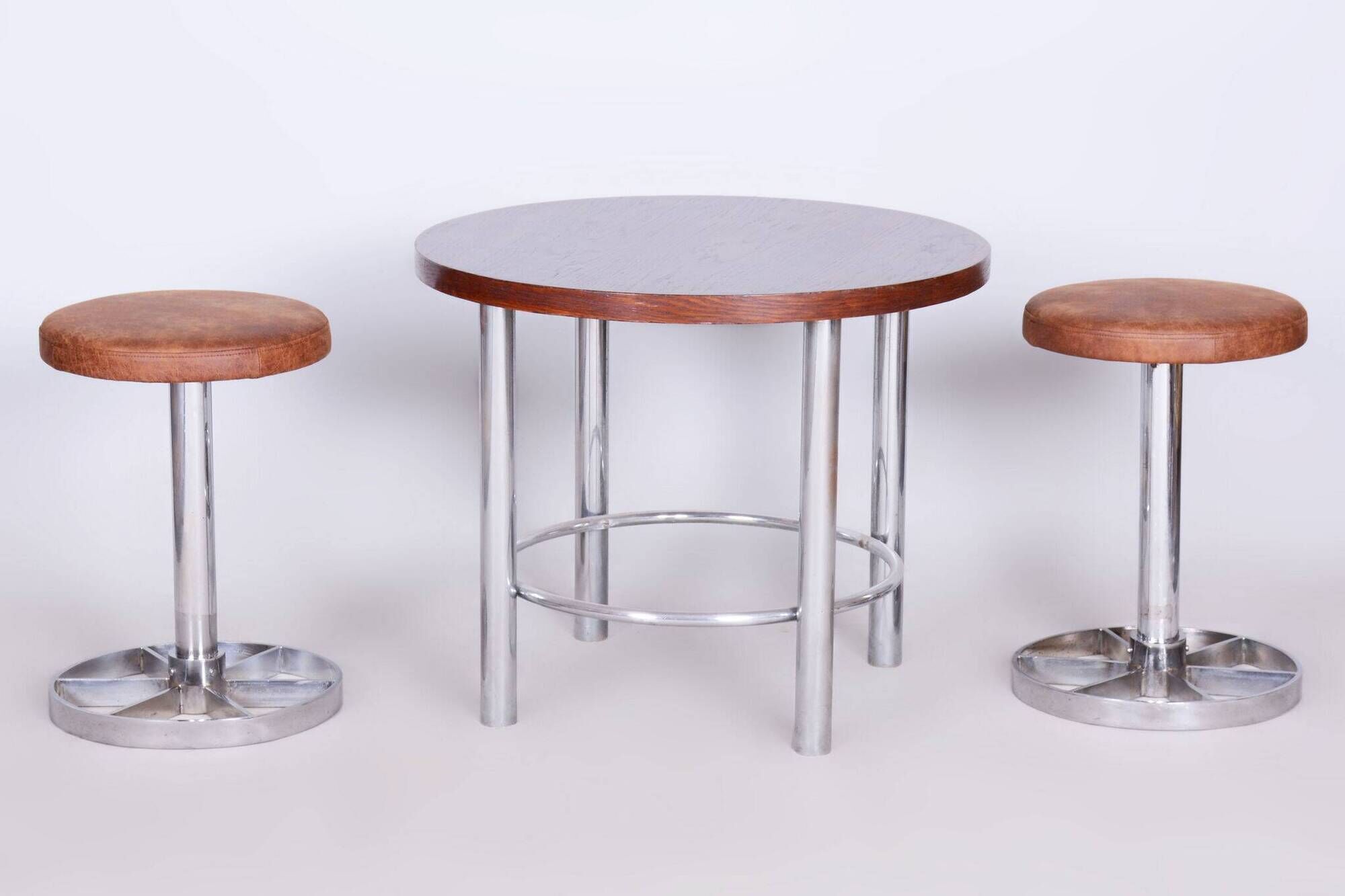 Pair of Bauhaus Chrome-Plated Steel Stools, Brown Leather, Czech, 1930-1939