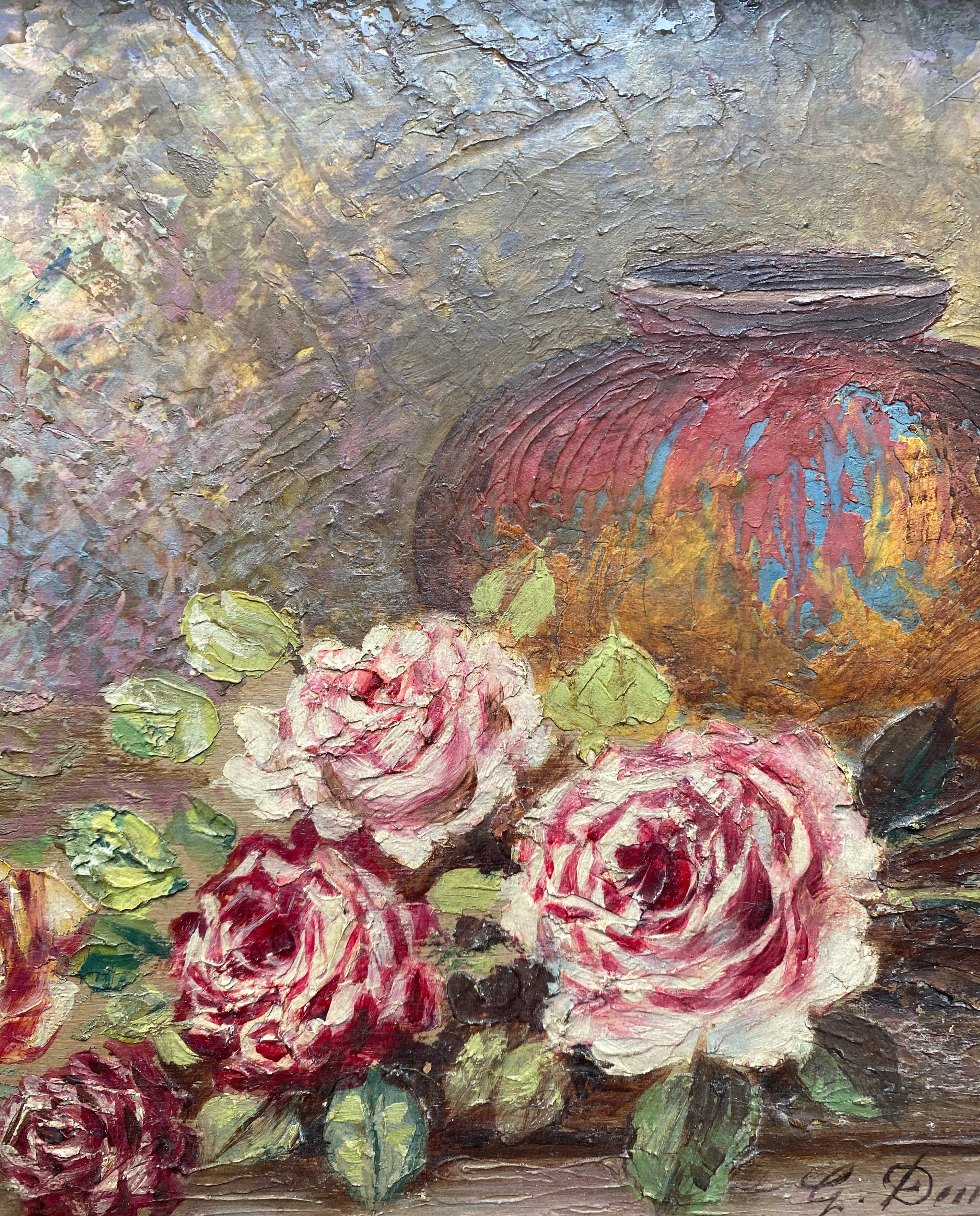 Painting "Bouquet of roses in the vase" signed G. Demange early XX° + frame