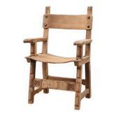 Brutalist armchair with carved rosettes and nailed wooden seat, Spain, 20th