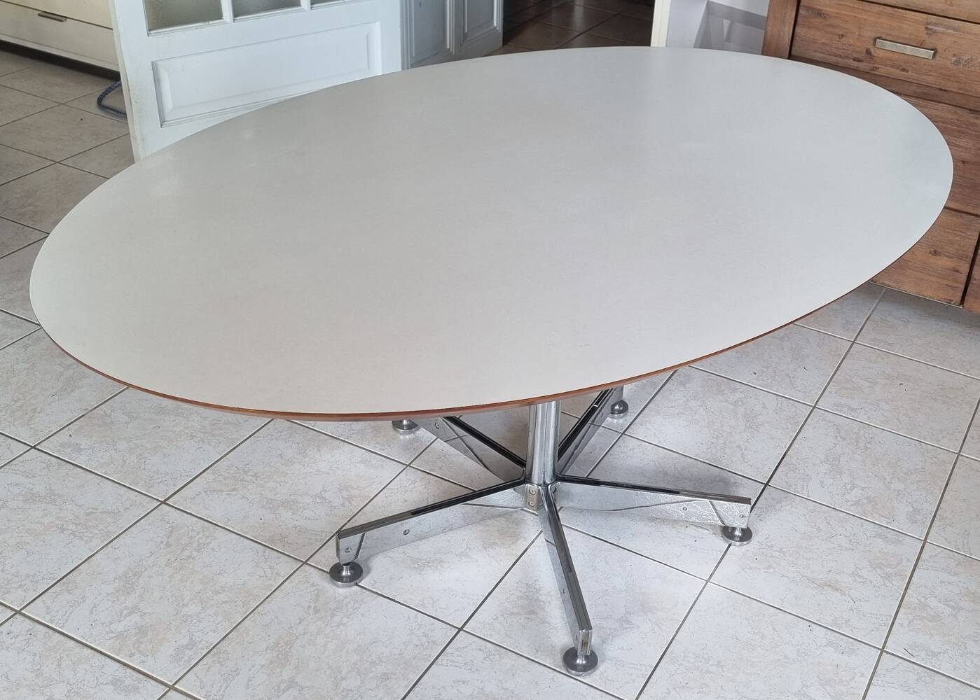 Roche Bobois oval table, white laminate and chrome, 1970s