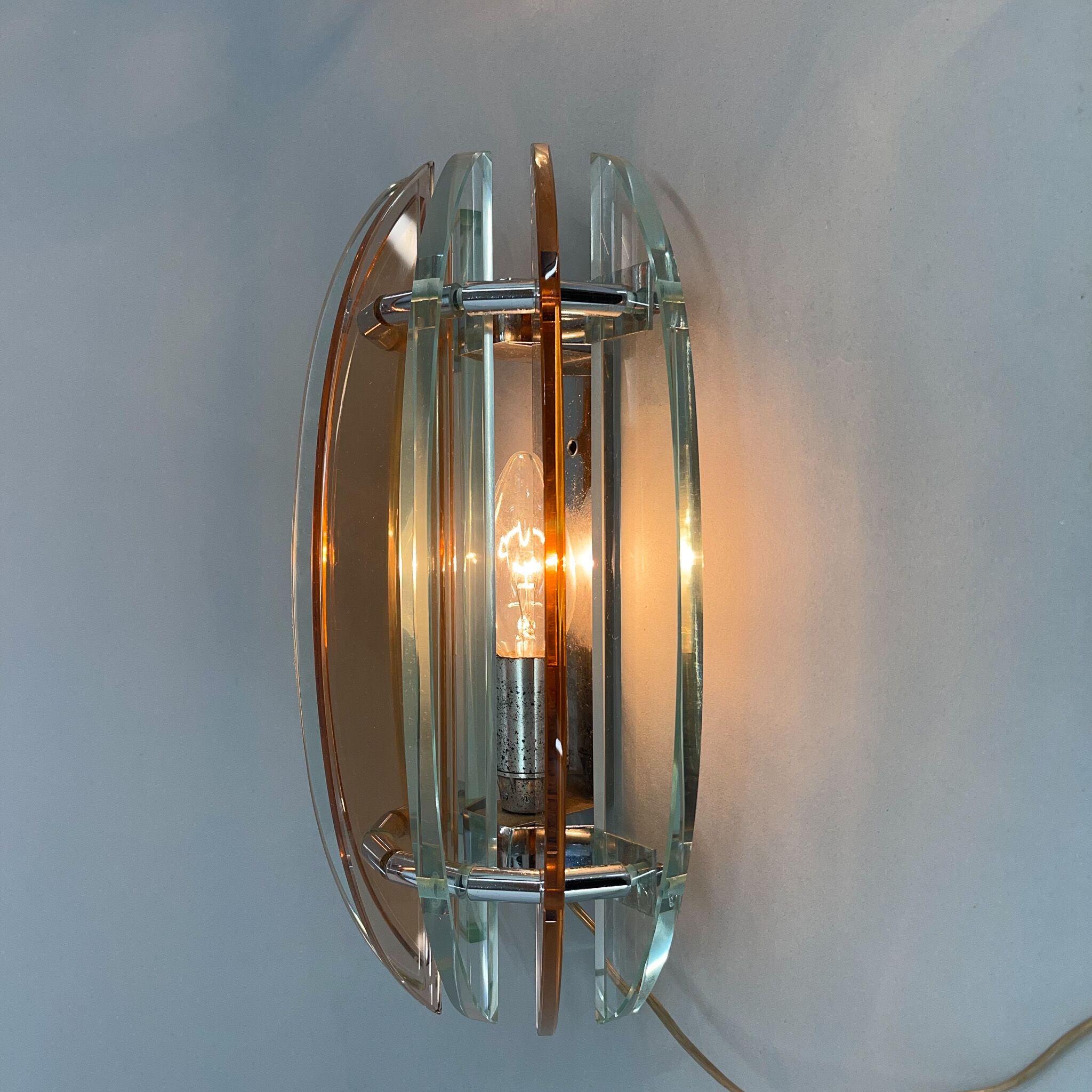 Pair of Italian Murano Glass & Chrome Sconces by Veca, Marked