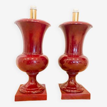 Pair of burgundy lacquered ceramic table lamps, Italy 1970s