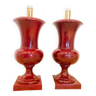 Pair of burgundy lacquered ceramic table lamps, Italy 1970s