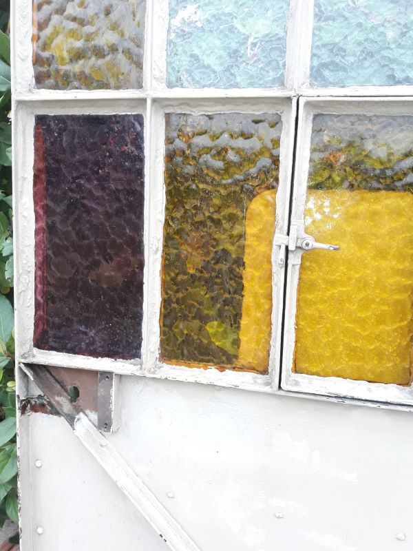 Workshop door 258.4x98.5cm in iron and colored cathedral glass