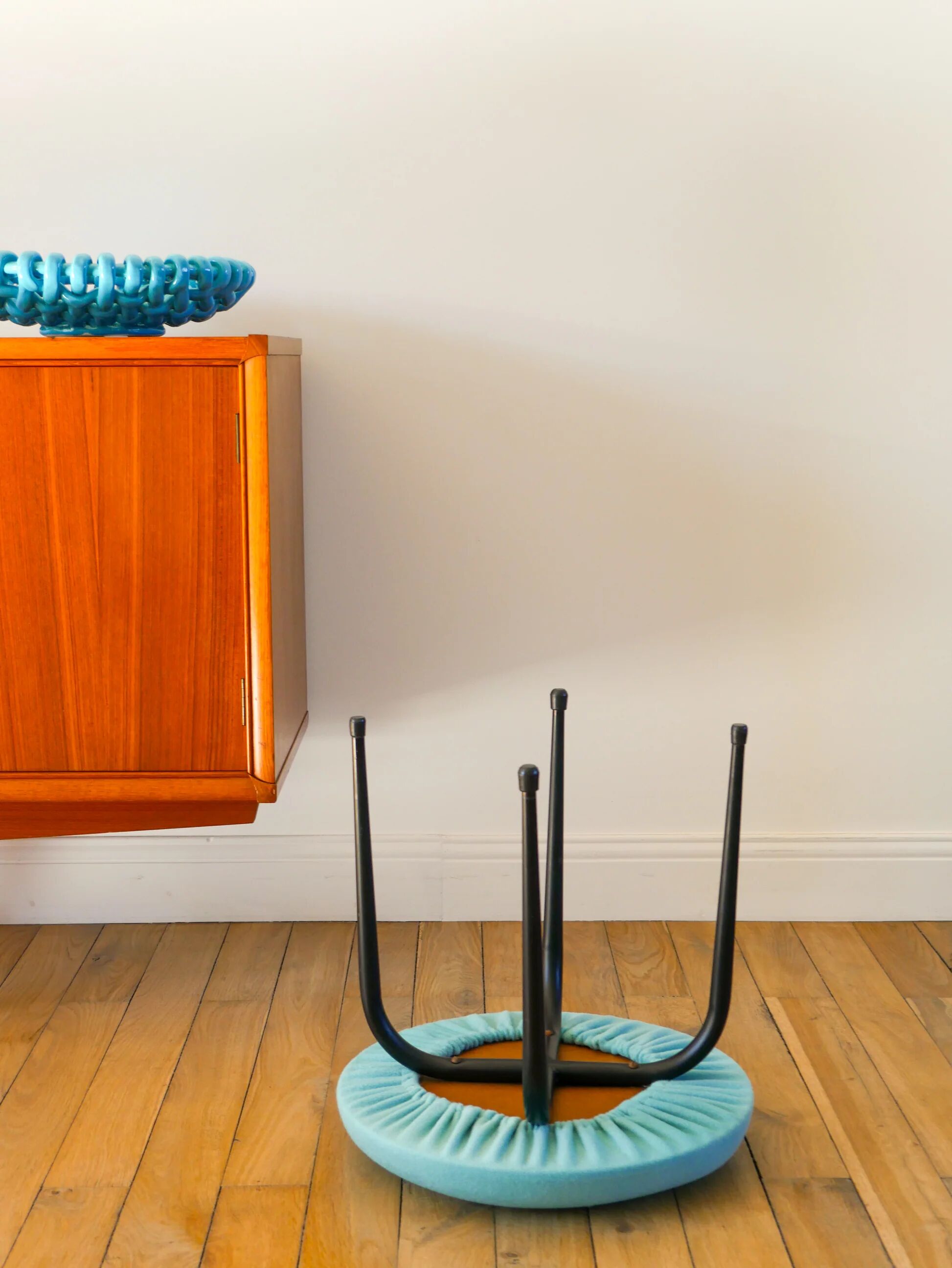 Black iron stool and boiled wool, turquoise blue, 1960