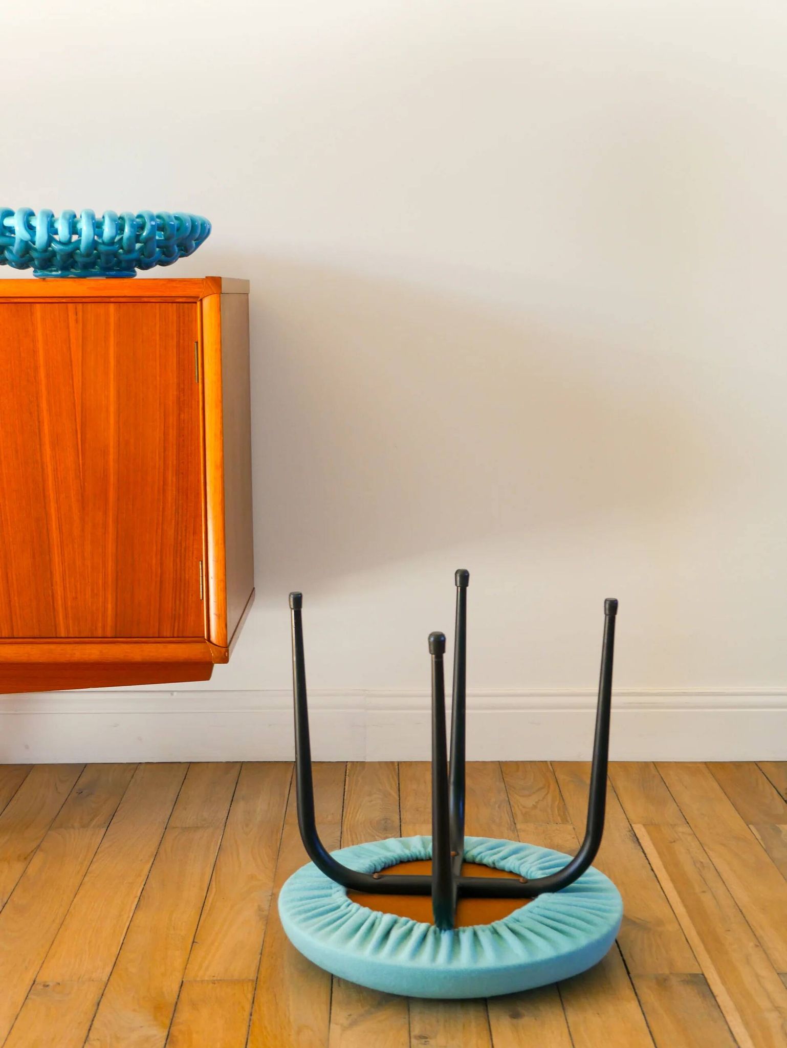 Black iron stool and boiled wool, turquoise blue, 1960