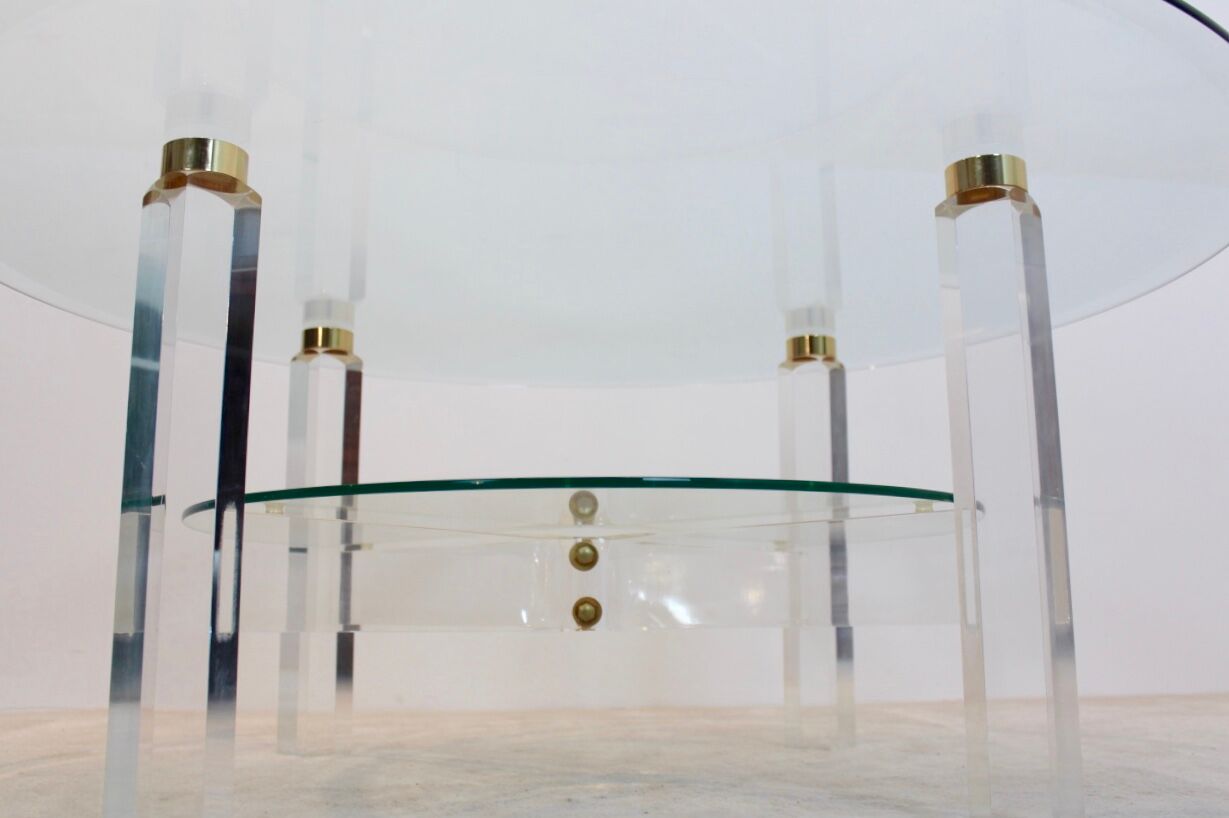Coffee table lucite, brass & glass, Belgium 1970