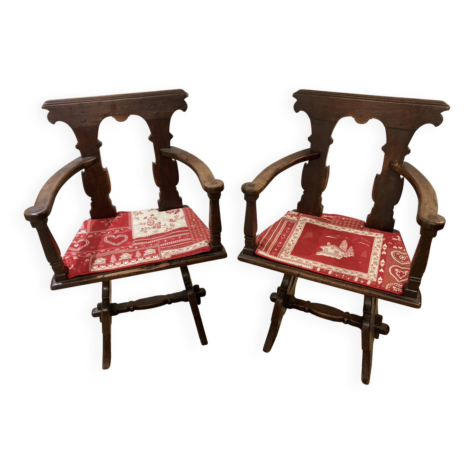 Pair of carved solid wood Dolomites armchairs