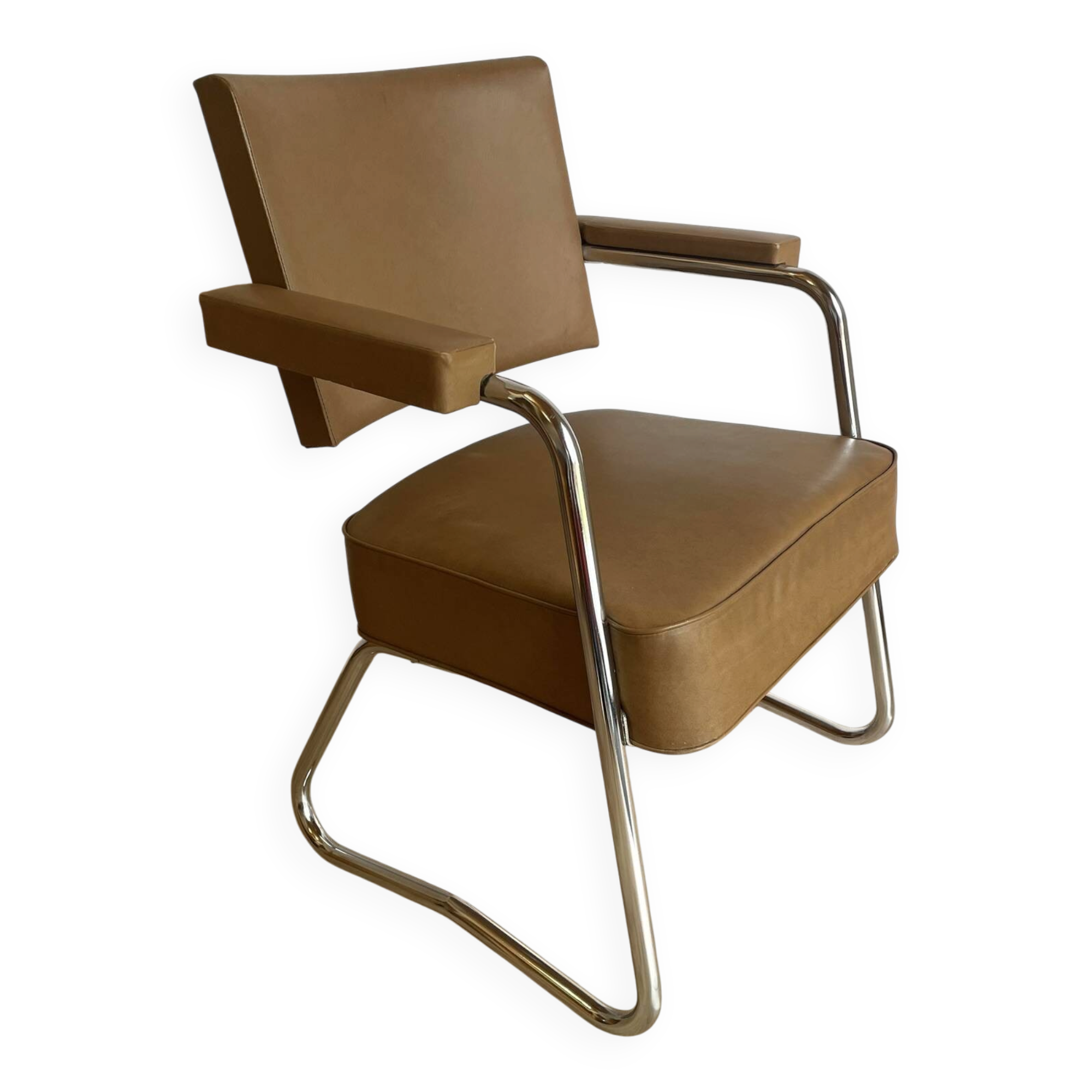 Vintage Office Chair from the 70s – Chrome Metal & Camel Faux Leather (Bauhaus Style)