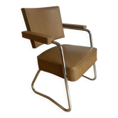 Vintage Office Chair from the 70s – Chrome Metal & Camel Faux Leather (Bauhaus Style)