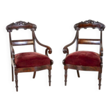 Set of Empire Mahogany Armchairs in Red Upholstery, 19th Century