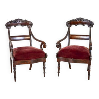 Set of Empire Mahogany Armchairs in Red Upholstery, 19th Century