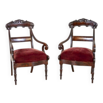 Set of Empire Mahogany Armchairs in Red Upholstery, 19th Century