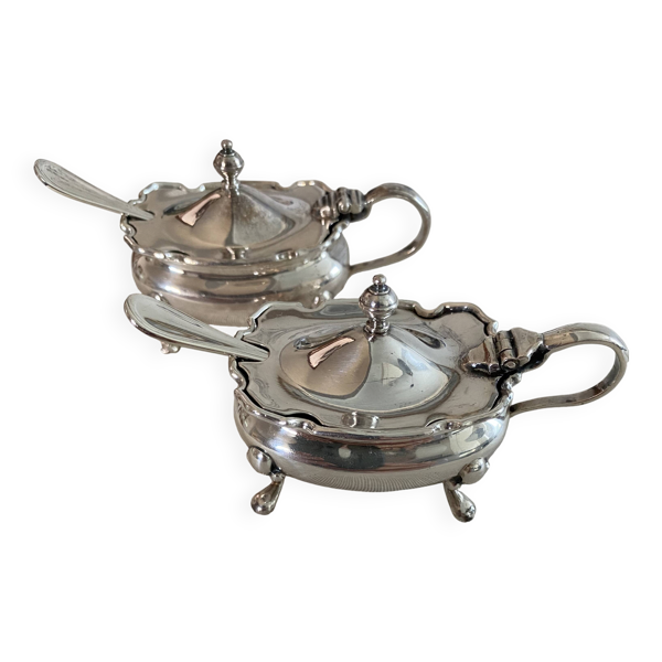 Mappin & Webb vintage, élégant service à condiments en métal argenté.