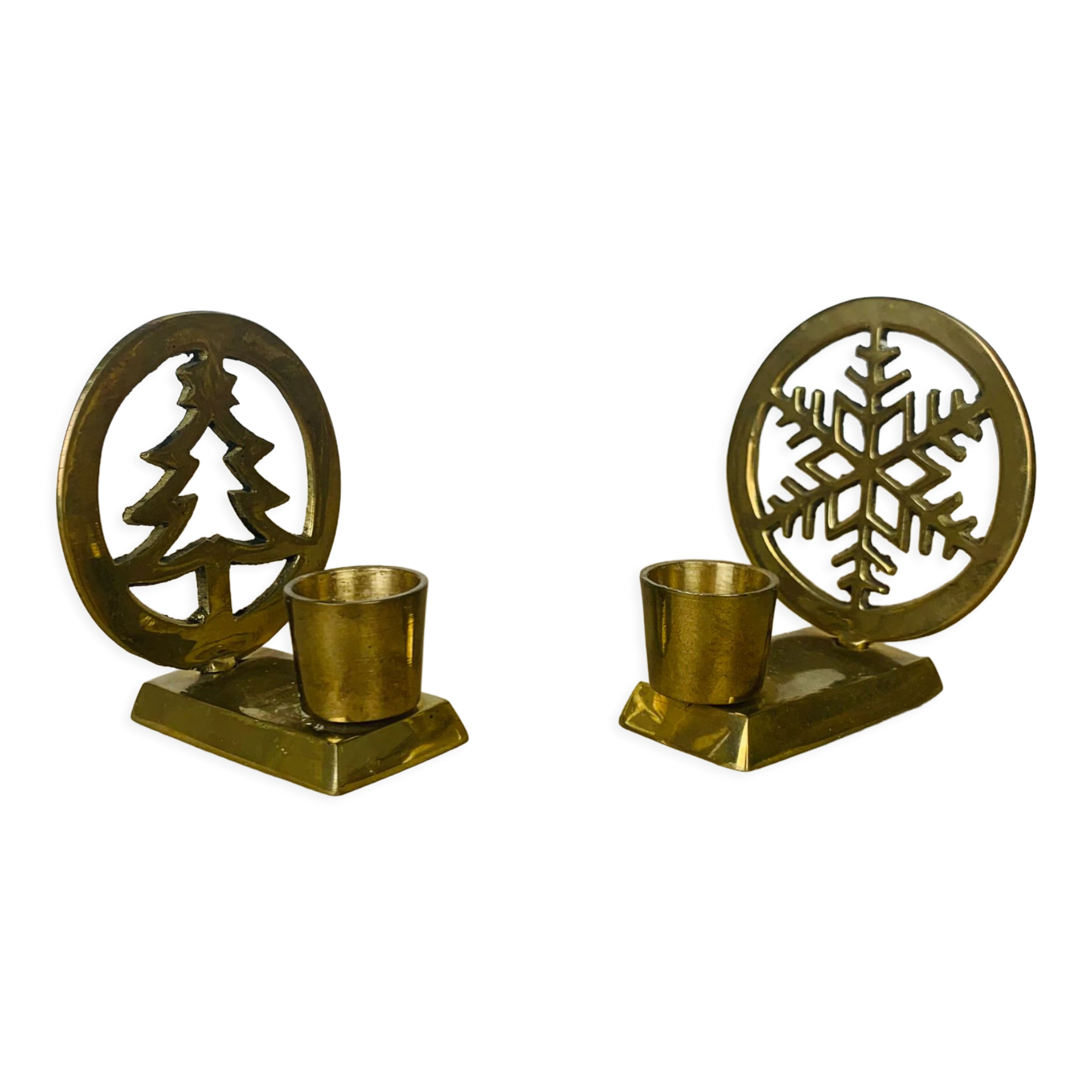 2 brass candlesticks christmas tree and star
