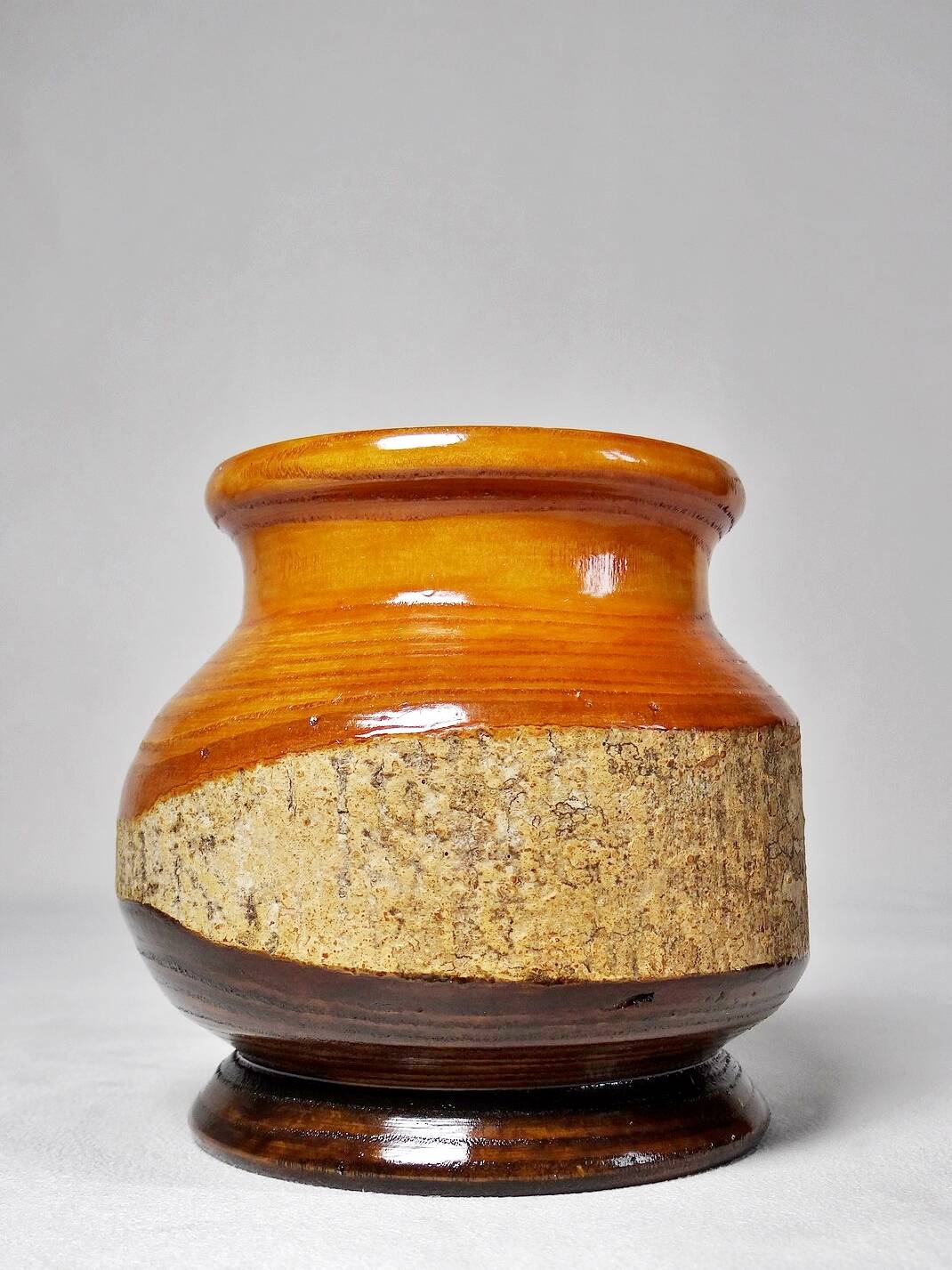 Small turned wooden vase, Brutalist, two-tone varnished with bark