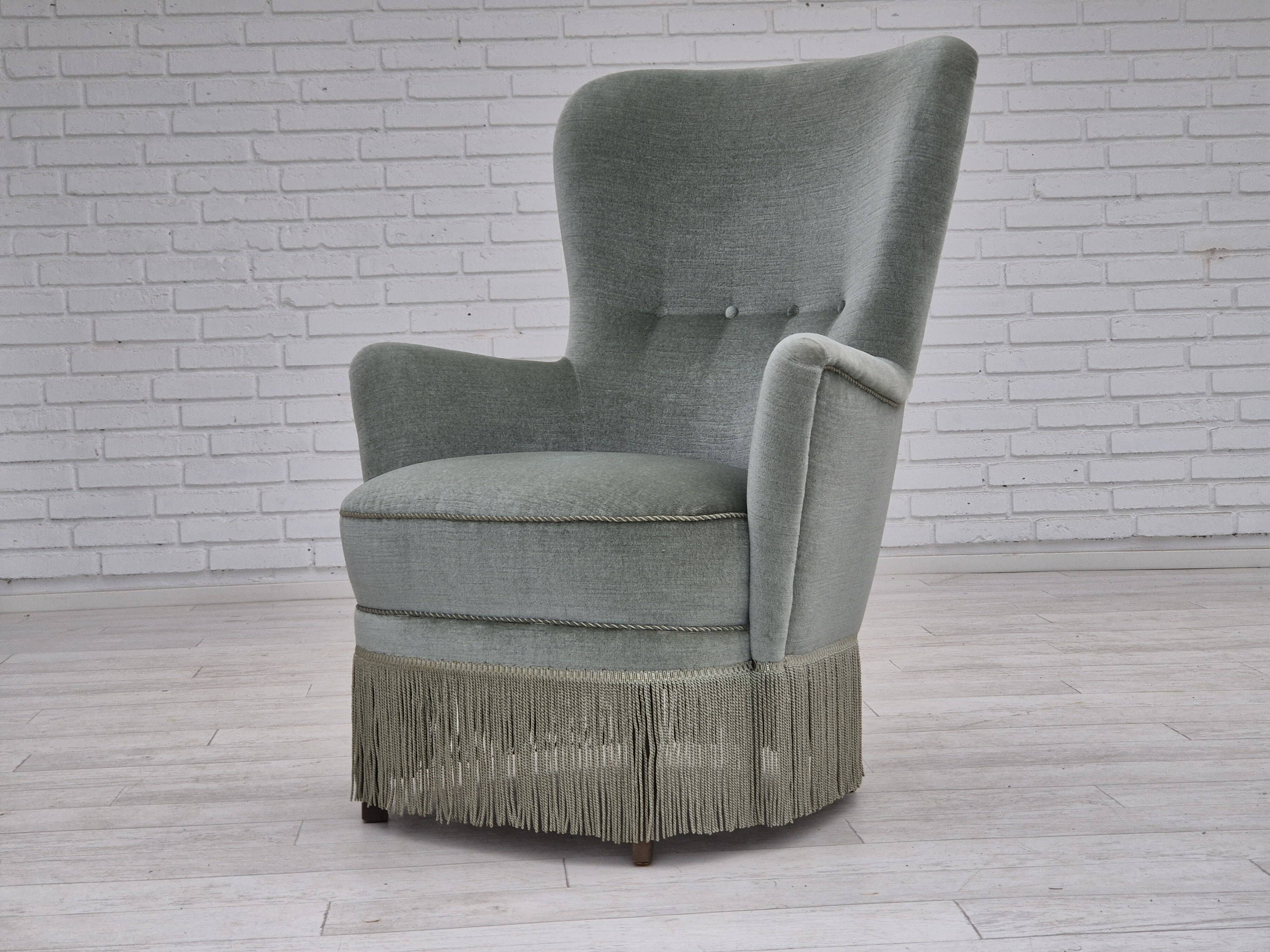 1970s, Danish armchair, original condition, furniture velour, beech wood legs.