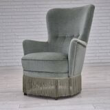 Fauteuil danois des années 1970, état d'origine, tissu d'ameublement velours, pieds en hêtre.