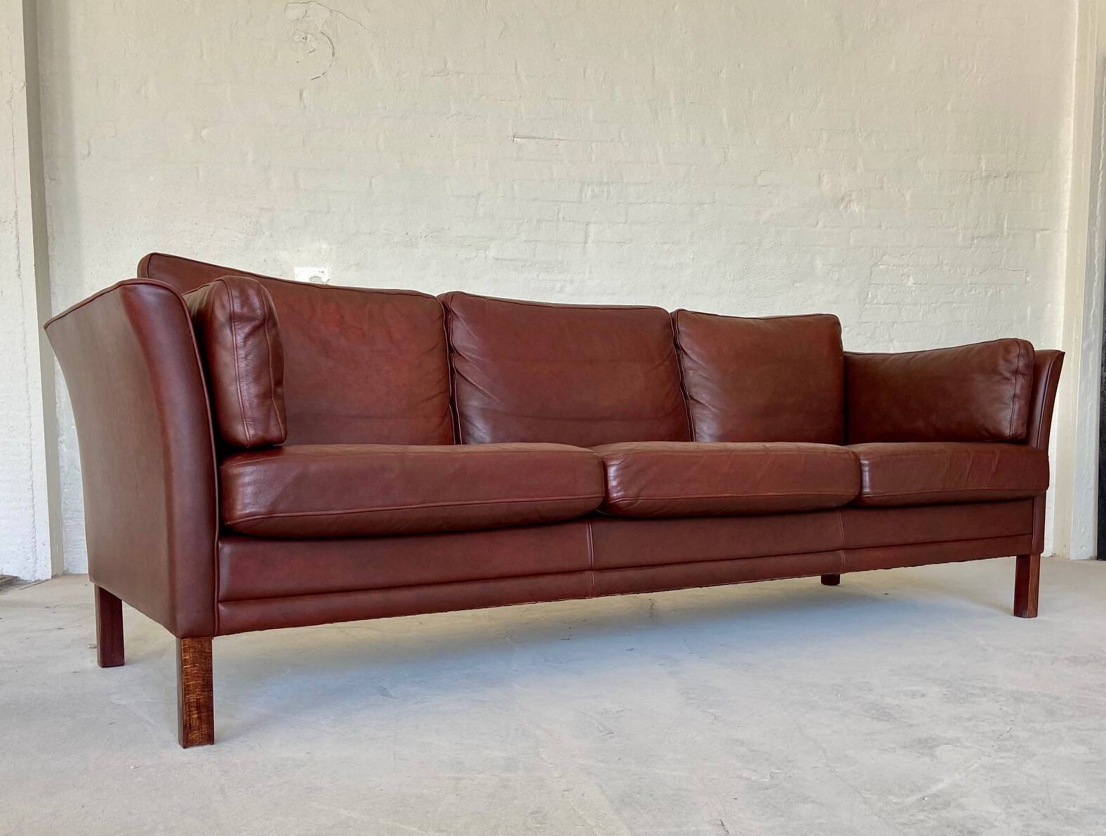 Mid century vintage danish mogens hansen 3 person sofa in burgundy leather