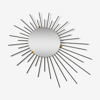 Miroir soleil, design des années 50/60, rayons irréguliers, métal noir, boules dorées