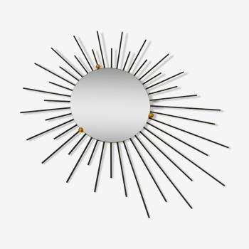 Sun mirror, 50s/60s design, irregular rays, black metal, golden balls