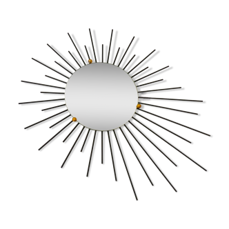 Miroir soleil, design des années 50/60, rayons irréguliers, métal noir, boules dorées