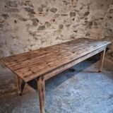 Antique French pine dining table, large farmhouse table on wheels, 19th century.